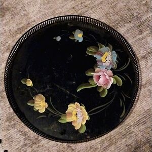 MCM Toleware Black Round Metal Tray Hand Painted